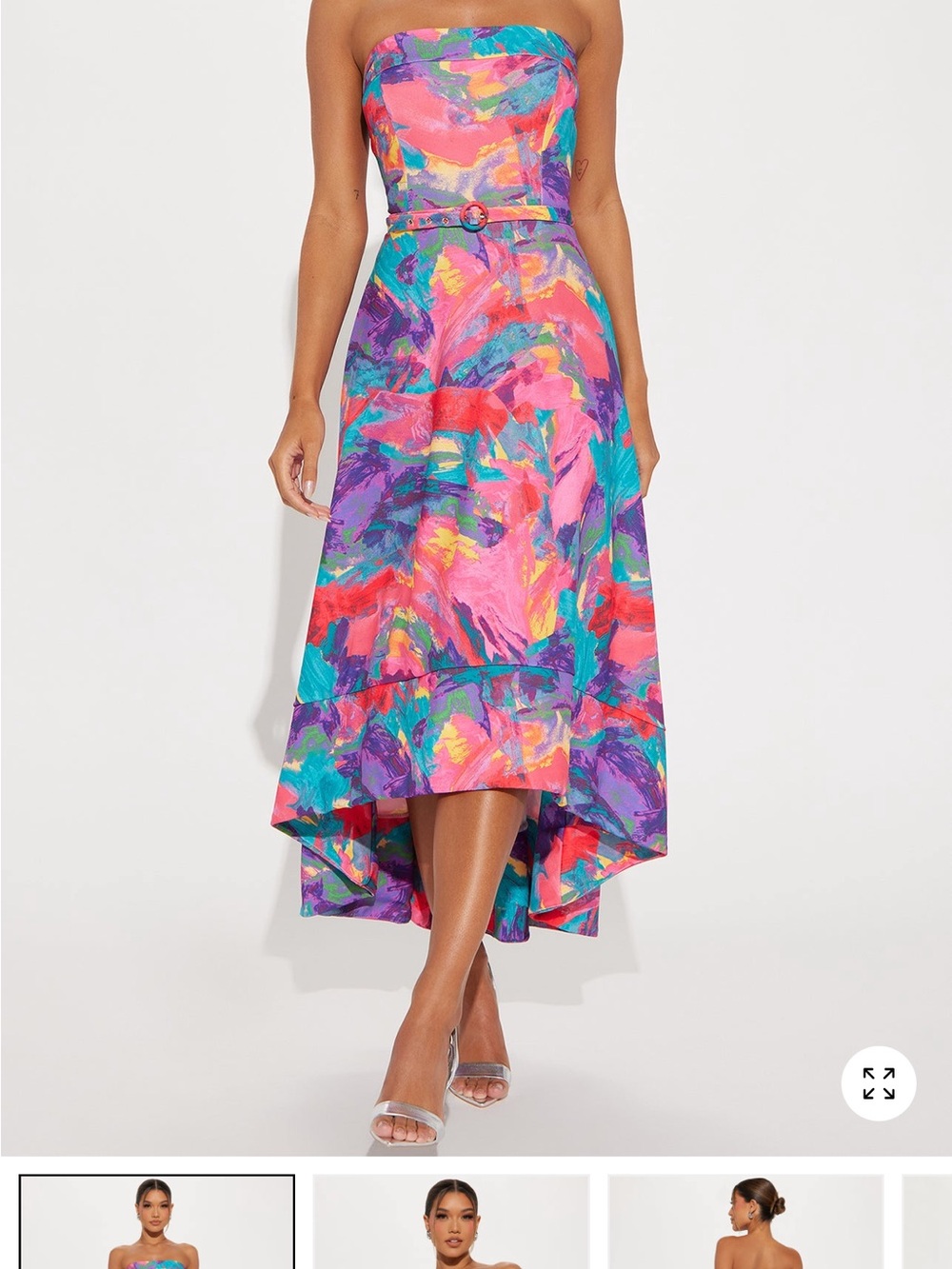 Fashion Nova Strapless High-Low Skirt in Pink, Purple, Teal & Coral Abstract